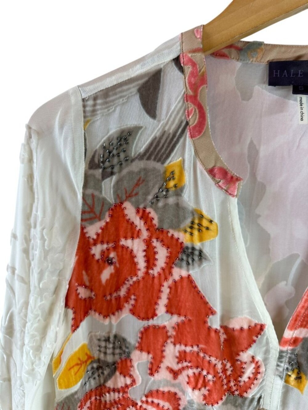 Hale Bob Silk Velvet Burnout Beaded Floral Boho Tunic Blouse Size S - Picture 3 of 7